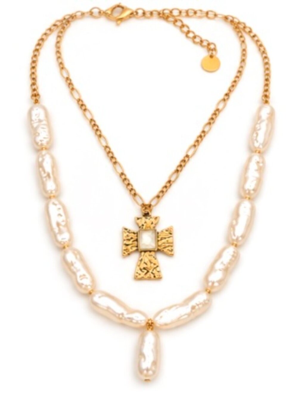 Forever 21 Gold Layered Faux Pearl Cross Pendant Necklace